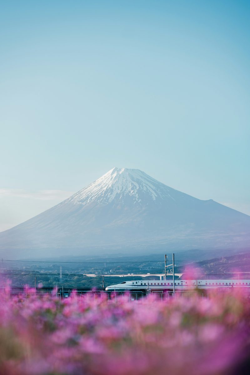 A Shinkansen passing Mount Fuji